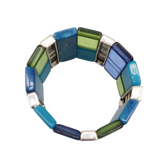 Lucite & Silver Tone Wide Cuff Stretch Bracelet Blue Green Unsigned - Picture 4 of 5